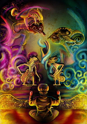 Traditional Wayang Kulit Shadow Puppet Performance with Mythical Figures HD phone wallpaper