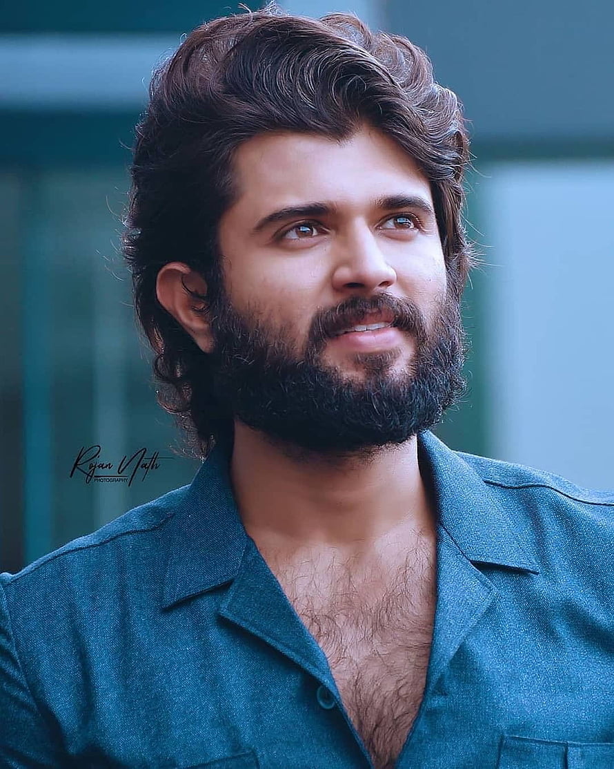 Portrait of a handsome man with a beard and wavy hair wearing a teal shirt, Vijay devarakonda by the_Snehaa ♡ on vijay deverakonda, vijay devarakonda android HD phone wallpaper