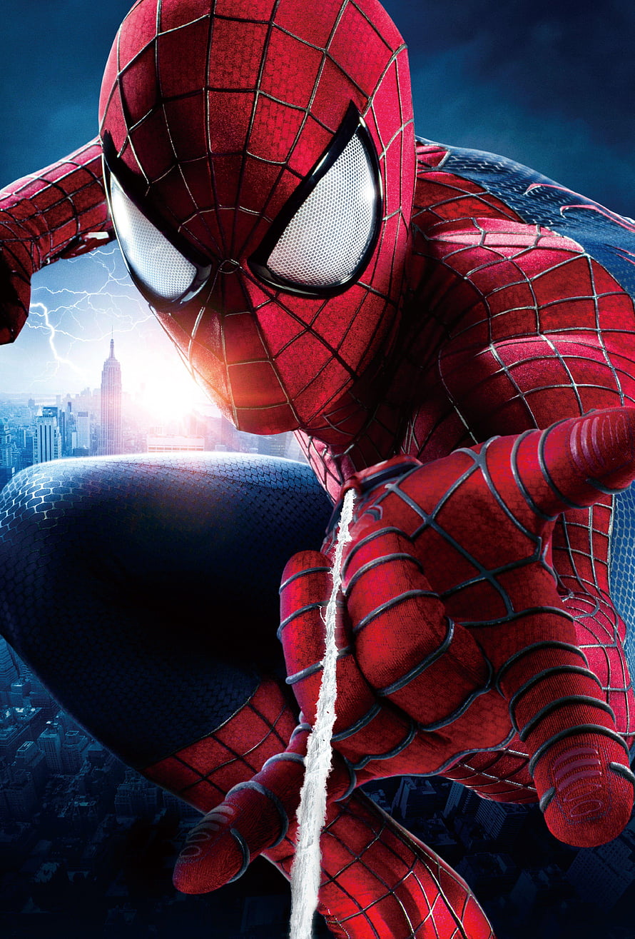 Spider-Man in Red and Blue Suit Crouching with Web Against City Skyline, Spiderman For Tablet Group, spiderman for android HD phone wallpaper