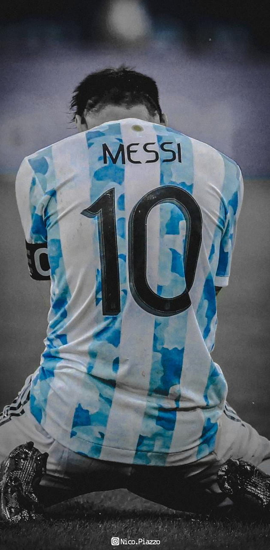 Lionel Messi Argentina National Team Jersey Number 10 Kneeling on the Pitch HD phone wallpaper