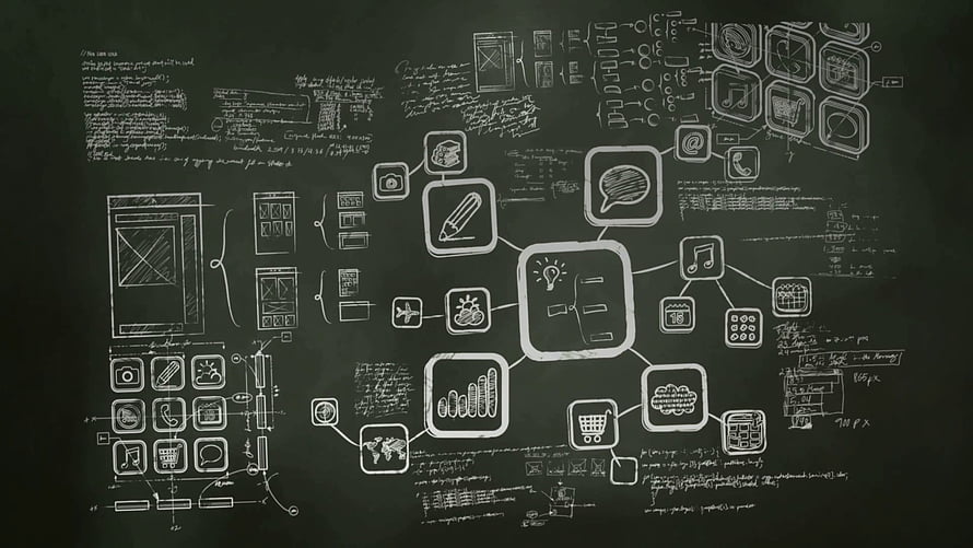 Hand-drawn UI wireframe and app icon concept sketches on a dark chalkboard background HD wallpaper