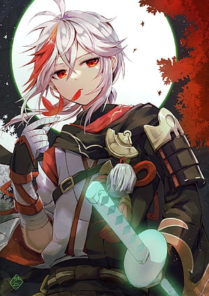 Kaedehara Kazuha from Genshin Impact Holding a Glowing Sword Under a Full Moon HD phone wallpaper