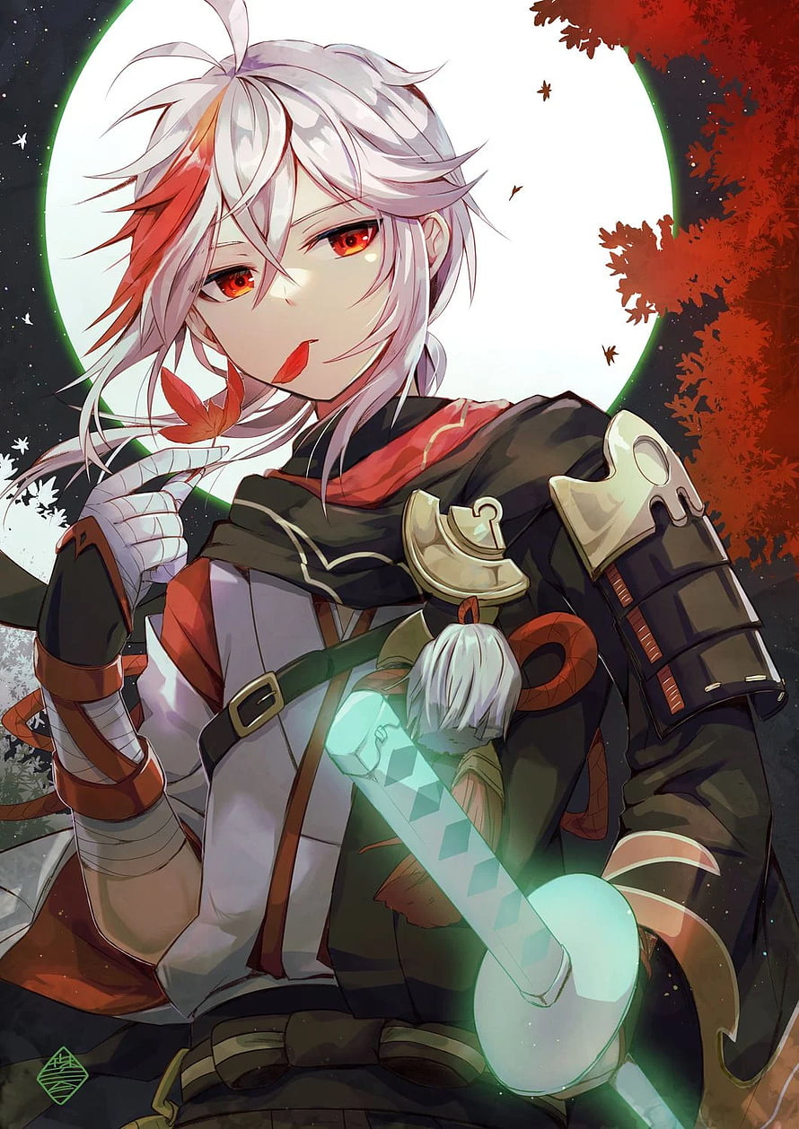 Kaedehara Kazuha from Genshin Impact Holding a Glowing Sword Under a Full Moon HD phone wallpaper