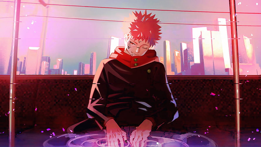 Yuji Itadori from Jujutsu Kaisen in a Neon-Lit Rooftop Setting HD wallpaper