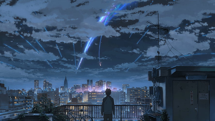 Kimi No Na Wa Anime Rooftop Scene With Meteor Shower Over Night City Skyline HD wallpaper
