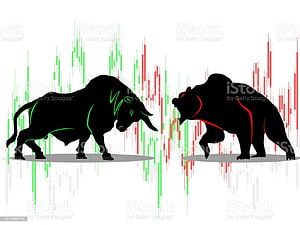 Bull and Bear Silhouettes Facing Off Against Stock Market Candlestick Chart Background HD wallpaper