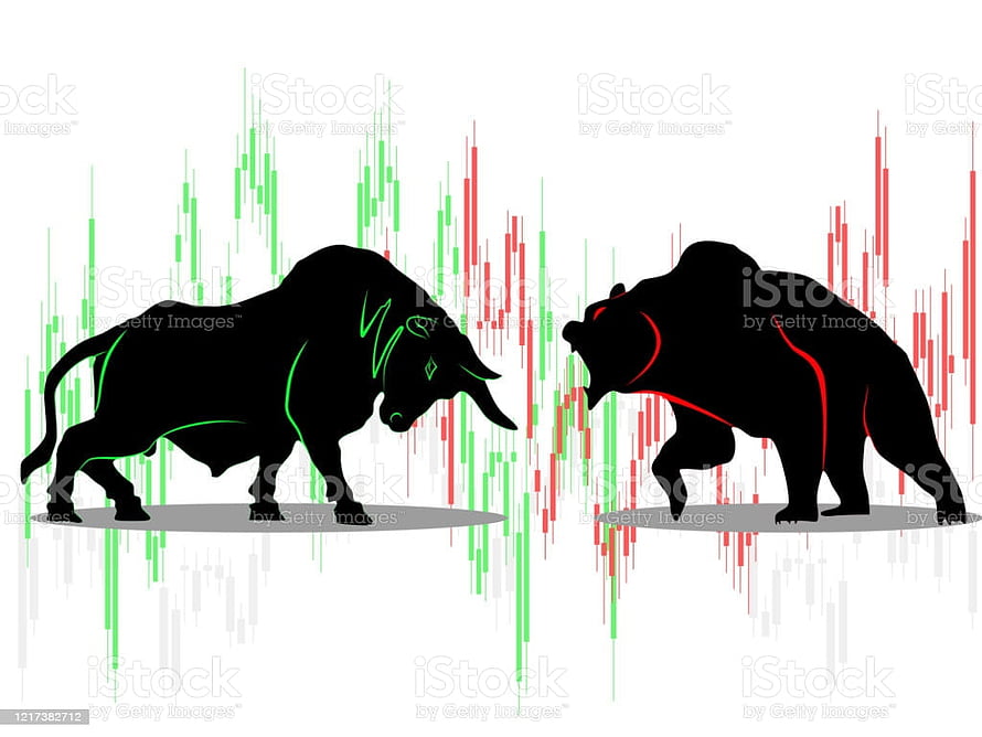 Bull and Bear Silhouettes Facing Off Against Stock Market Candlestick Chart Background HD wallpaper