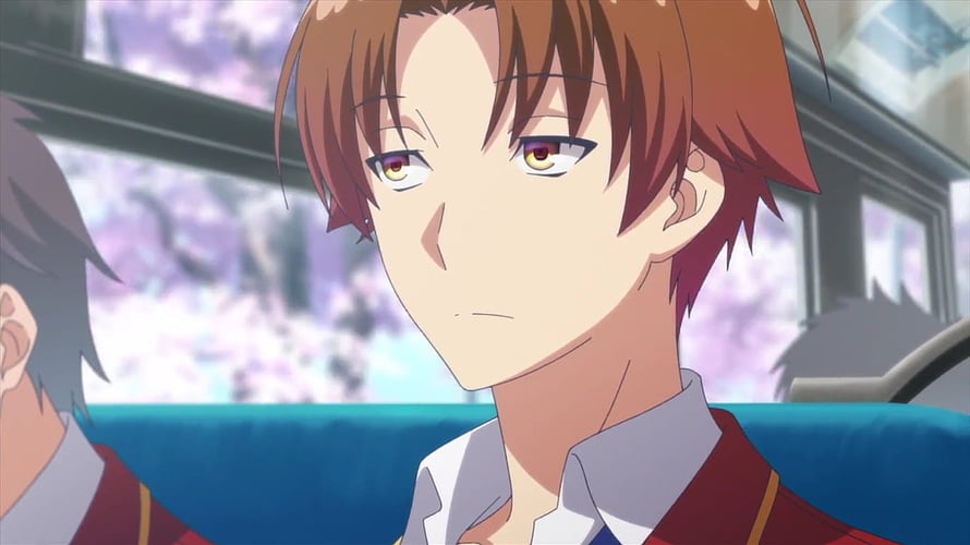 Anime boy with brown hair and yellow eyes wearing a red school uniform sitting on a bus HD wallpaper