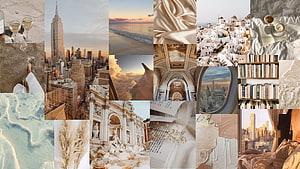 Beige Aesthetic Travel Collage Featuring Rome, New York, Santorini, Books, and Luxury Textures HD wallpaper