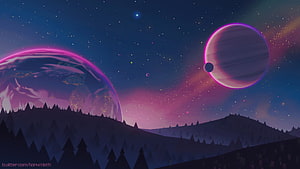 Fantasy Sci-Fi Landscape With Giant Planets And Starry Night Sky HD wallpaper