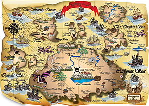 Vintage Fantasy Pirate Treasure Map with Islands, Ships, and Dragon Illustrations HD wallpaper