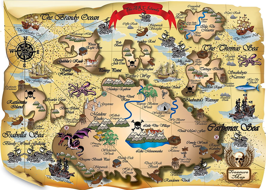 Vintage Fantasy Pirate Treasure Map with Islands, Ships, and Dragon Illustrations HD wallpaper