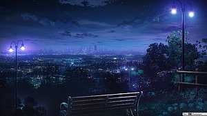 Serene Anime Night Skyline View From Hilltop Park Bench HD wallpaper