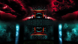 Dark Fantasy Anime Scene With Red Sky And Traditional Japanese Gate HD wallpaper