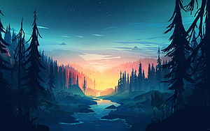 Serene Digital Art Forest Landscape with River at Sunset HD wallpaper