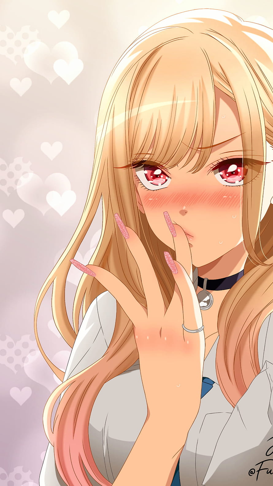 Marin Kitagawa Anime Character Blushing Portrait with Heart Background HD phone wallpaper