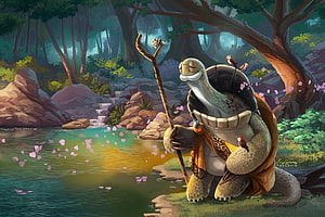 Oogway the Wise Turtle Meditating by a Forest Pond in Kung Fu Panda HD wallpaper