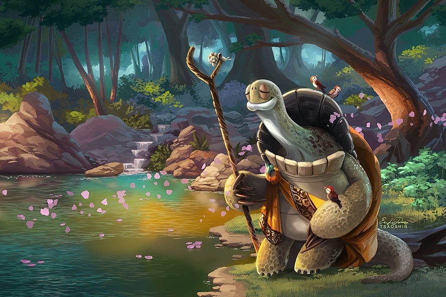 Oogway the Wise Turtle Meditating by a Forest Pond in Kung Fu Panda HD wallpaper