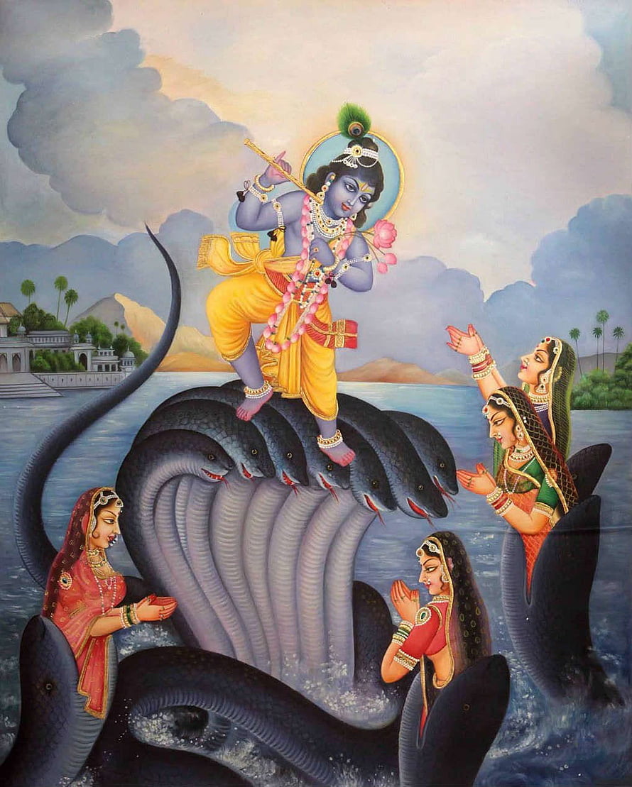 Lord Krishna Standing on the Multi-Headed Serpent Kaliya in Traditional Indian Painting HD phone wallpaper