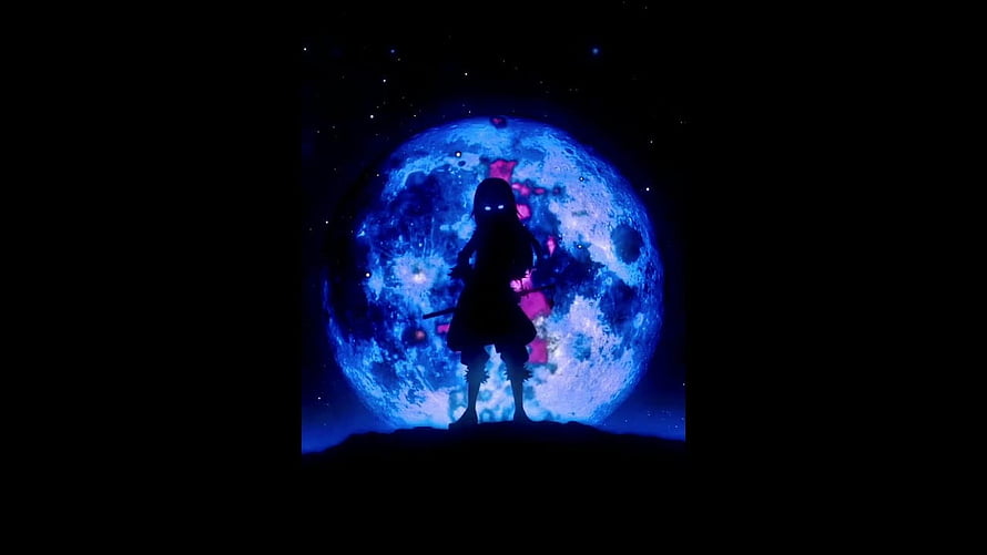 Rimuru Tempest Silhouette Against a Glowing Blue Moon in a Dark Starry Sky HD wallpaper