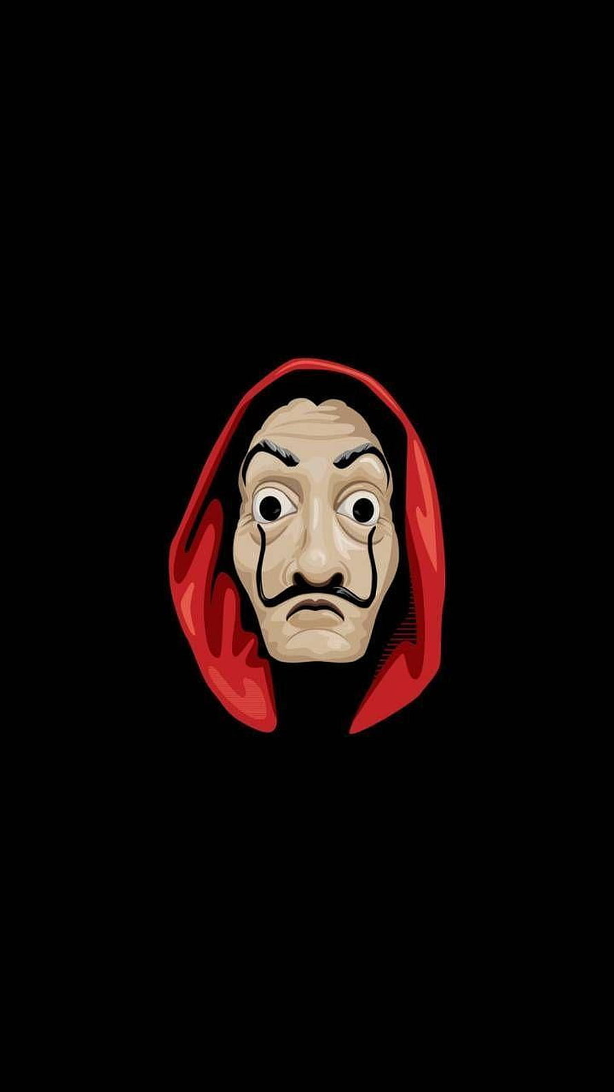 Money Heist Dalí Mask with Red Hood on Black Background HD phone wallpaper
