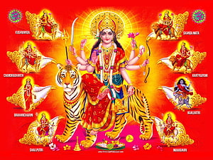 Maa Durga and the Nine Matrikas on a Tiger with Traditional Hindu Iconography HD wallpaper