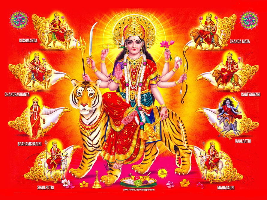 Maa Durga and the Nine Matrikas on a Tiger with Traditional Hindu Iconography HD wallpaper