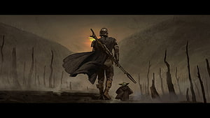 The Mandalorian and Grogu Walking Through a Desolate Landscape at Sunset HD wallpaper