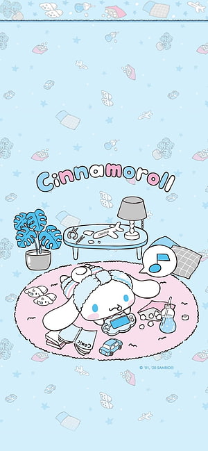 Cute Cinnamoroll Playing Video Games on Pink Rug with Blue Background HD phone wallpaper