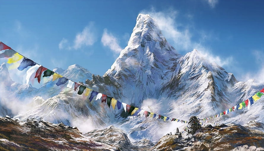 Mount Kailash Snow-Capped Peak with Tibetan Prayer Flags in Himalayan Landscape HD wallpaper