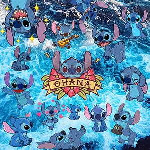 Stitch Collage Artwork with Ocean Waves and Floral Emblem HD phone wallpaper
