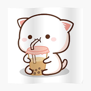 Cute White Kawaii Cat Sipping Bubble Tea with Straw and Tapioca Pearls HD phone wallpaper