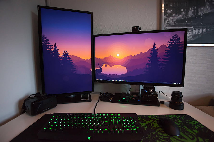 Dual Monitor Gaming Setup With Razer Keyboard And Nature Sunset Wallpaper HD wallpaper