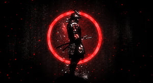 Dark Samurai Warrior Silhouette Against Glowing Red Ring and Floating Embers HD wallpaper