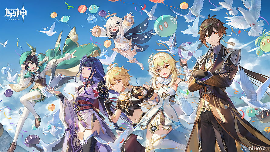 Genshin Impact Traveler and Characters Celebrating with Doves and Balloons HD wallpaper
