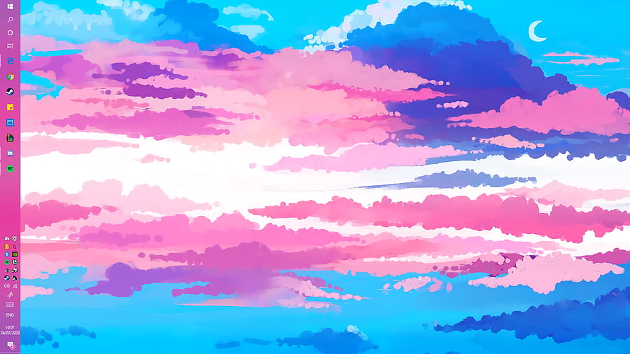 Dreamy Anime Style Pink and Blue Cloud Sky with Crescent Moon Desktop Wallpaper HD wallpaper