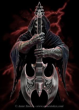 Grim Reaper Playing Electric Guitar with Red Lightning in Dark Fantasy Style HD phone wallpaper