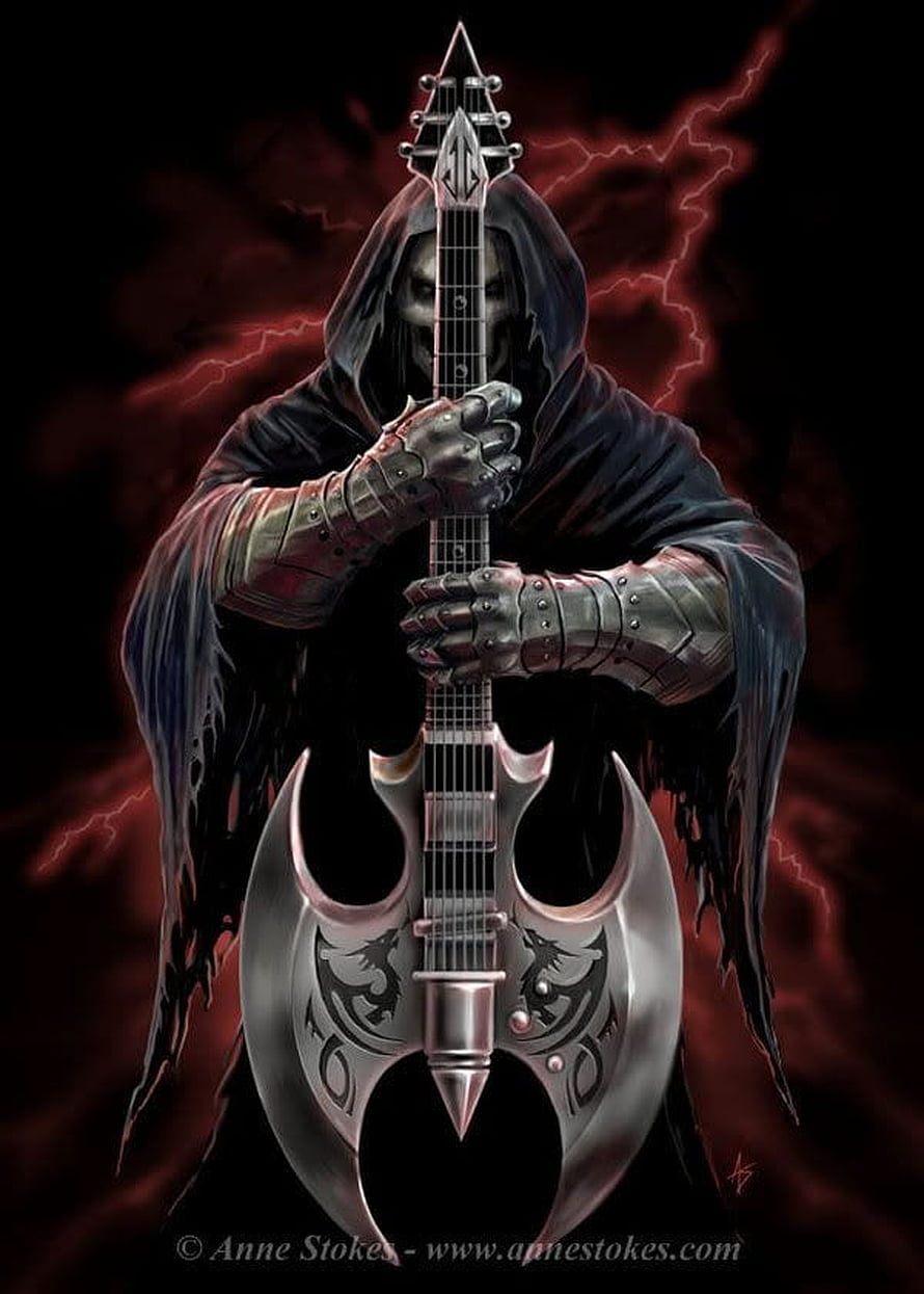 Grim Reaper Playing Electric Guitar with Red Lightning in Dark Fantasy Style HD phone wallpaper