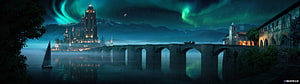 Fantasy Cityscape at Night with Aurora Borealis and Ancient Stone Bridge HD wallpaper