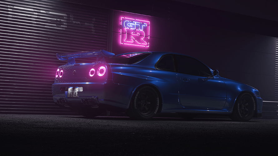 Nissan Skyline R34 GT-R in Blue Under Neon Pink Lighting in a Dark Garage HD wallpaper