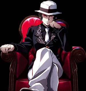 Akaza from Demon Slayer in a stylish black suit and white fedora sitting on a red armchair HD phone wallpaper
