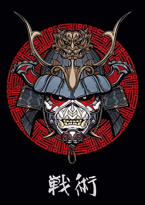 Fierce Samurai Warrior Helmet Illustration With Red Geometric Background HD phone wallpaper