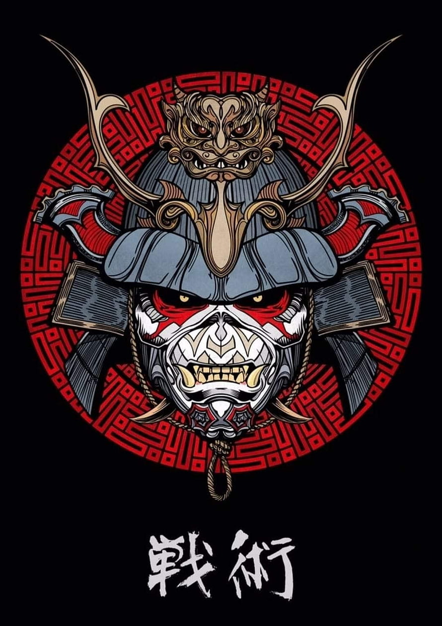 Fierce Samurai Warrior Helmet Illustration With Red Geometric Background HD phone wallpaper