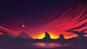 Minimalist Digital Art of a Dramatic Sunset Over Silhouetted Mountains and Water HD wallpaper