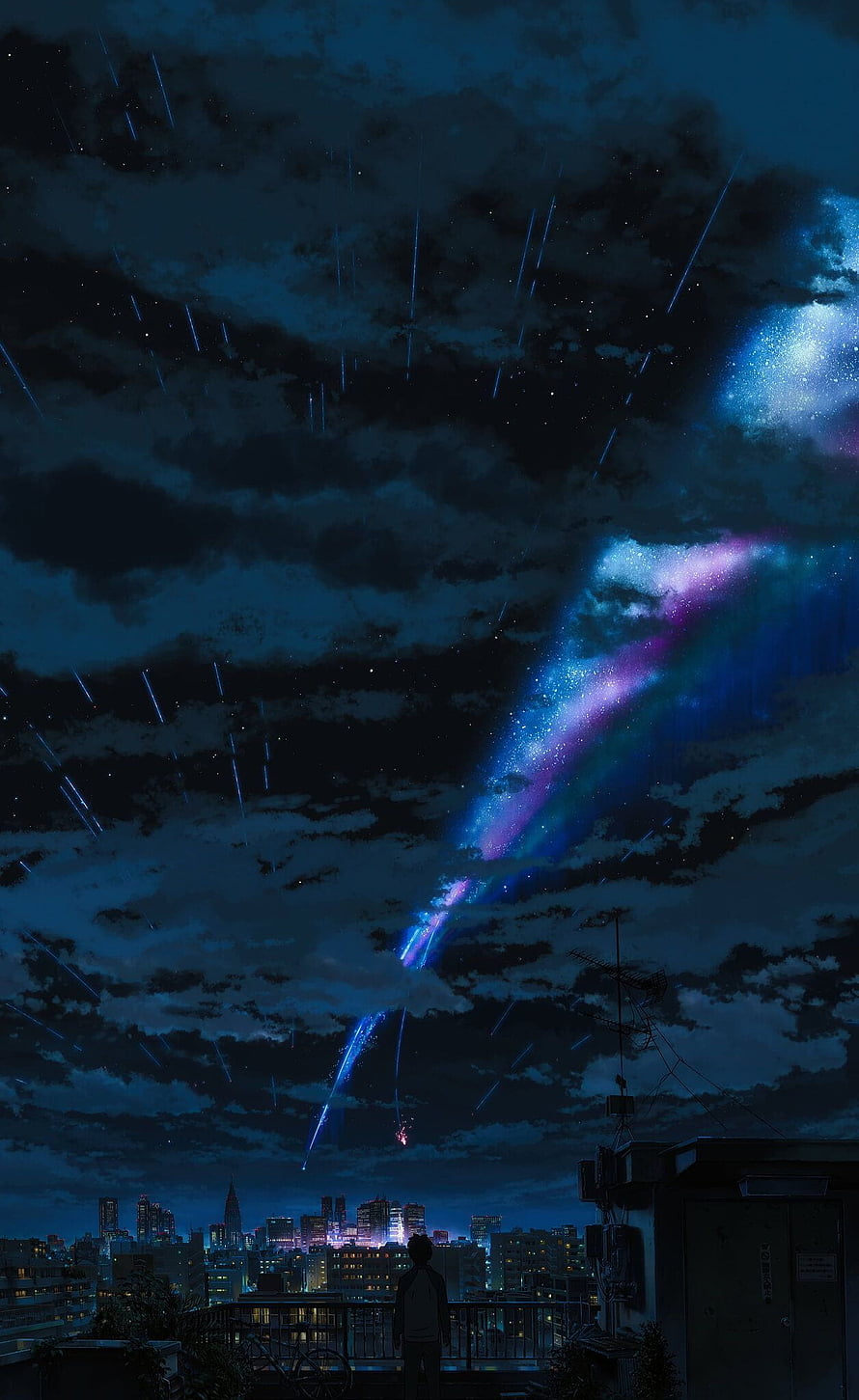 Anime Night Sky with Meteor Shower and Cityscape View HD phone wallpaper
