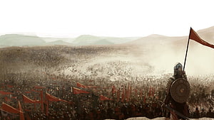 Ancient Battlefield Scene with Armored Warrior and Red Banners HD wallpaper
