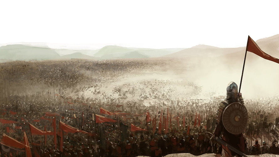 Ancient Battlefield Scene with Armored Warrior and Red Banners HD wallpaper