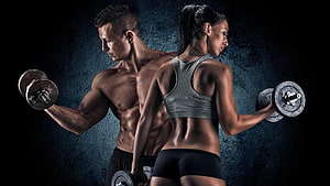 Muscular Man And Woman Lifting Dumbbells In Dramatic Gym Setting, 6 Fitness, gym body HD wallpaper