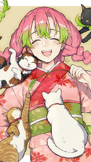 Mitsuri Kanroji from Demon Slayer in a pink kimono surrounded by playful cats HD phone wallpaper