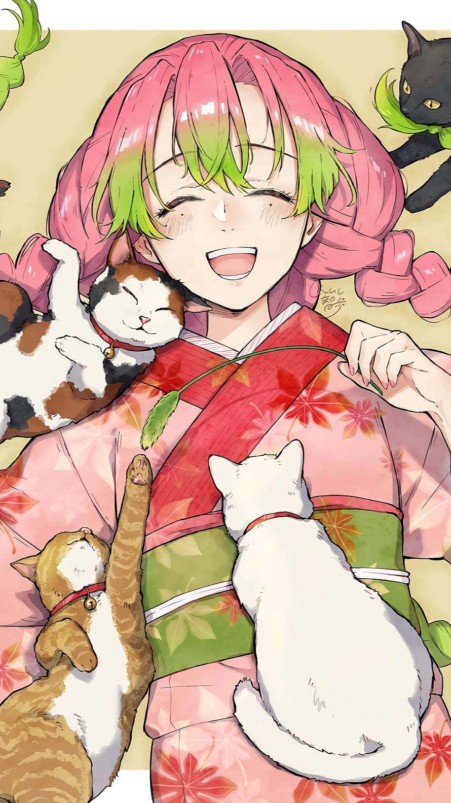 Mitsuri Kanroji from Demon Slayer in a pink kimono surrounded by playful cats HD phone wallpaper